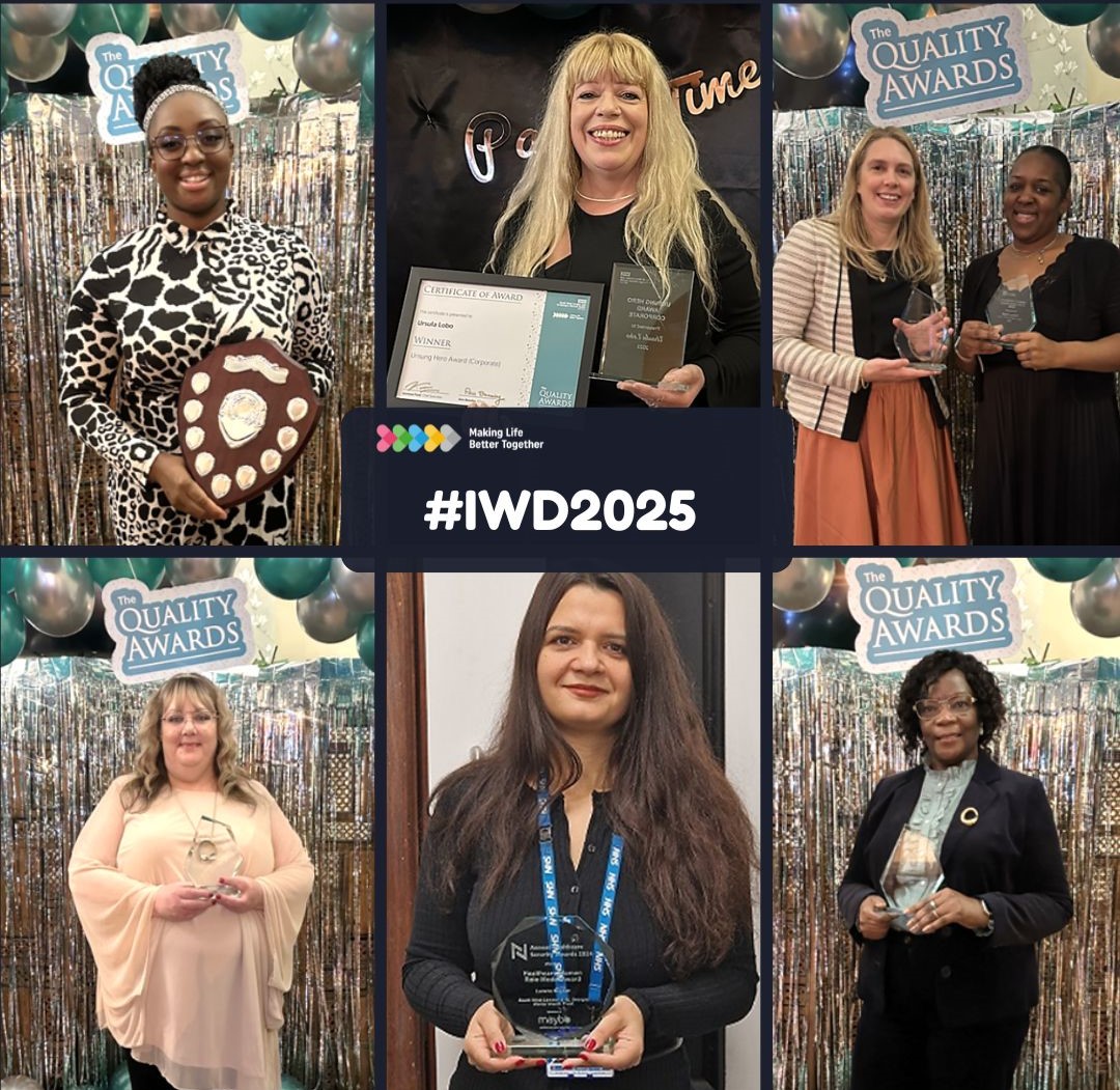 a collage of women smiling holding awards in front of  a balloon arch, the text reads 'IWD2025'.